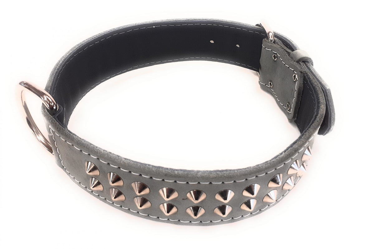 Grey Studded Genuine Leather Dog Collar – 1.5 in Wide