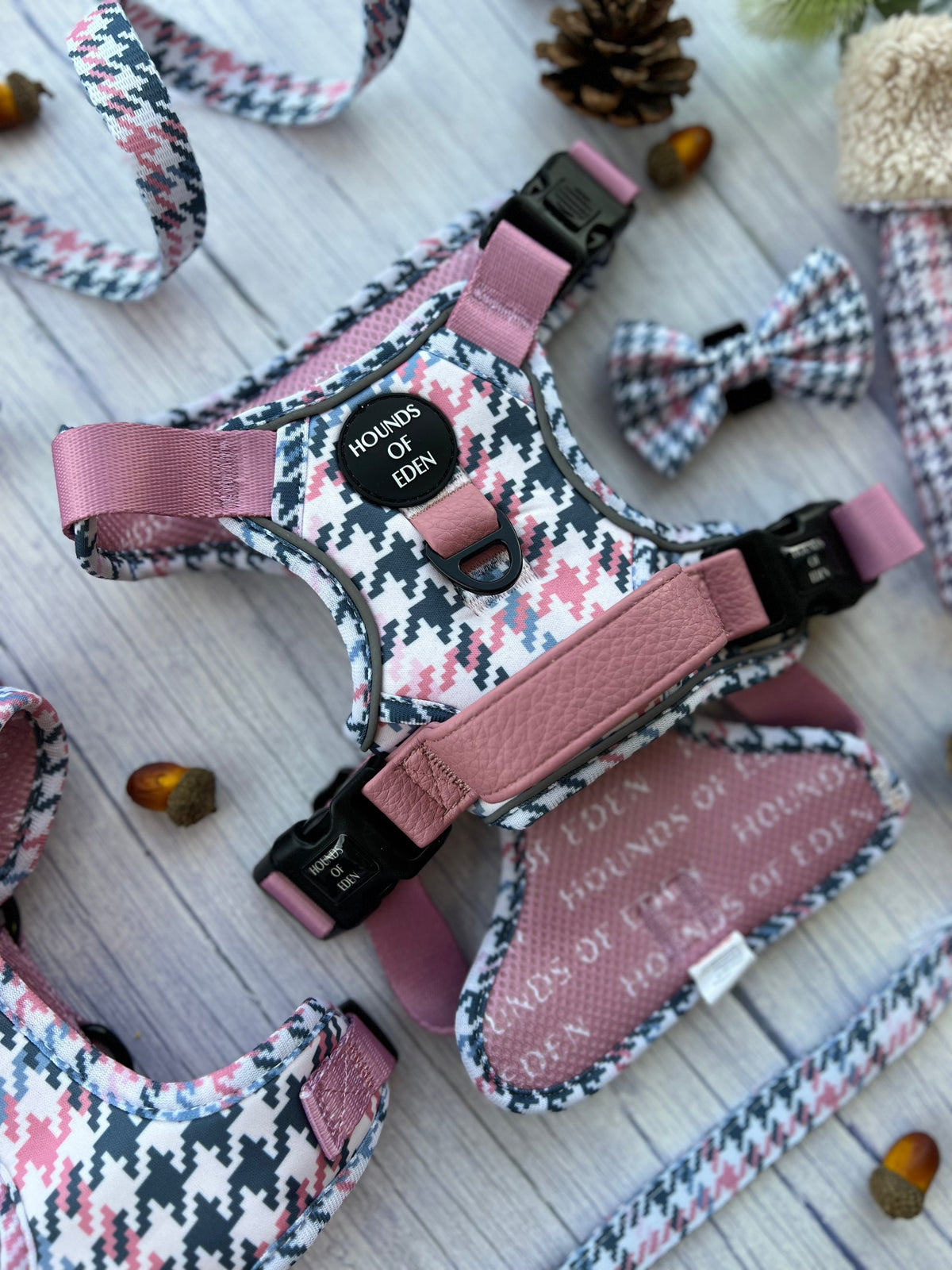 Pink Houndstooth Vegan Leather Dog Collar