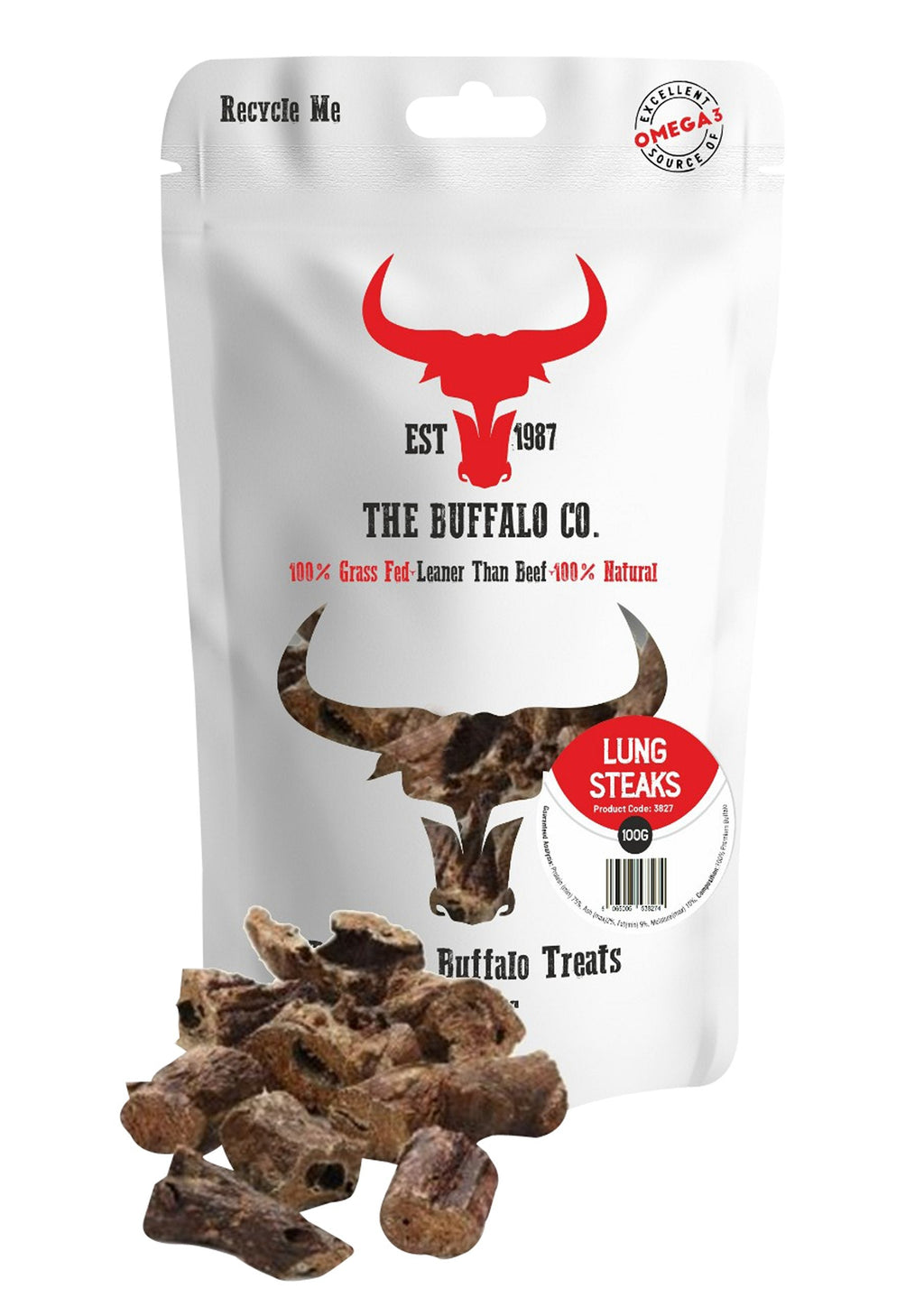 Buffalo lung steaks dog treats in 100g or 1kg sizes
