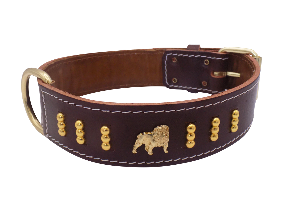 English Bulldog Badge Leather Dog Collar – Gold Design, Style 4
