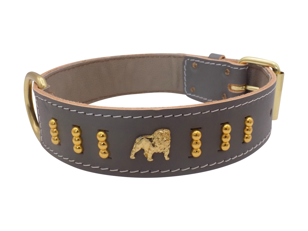 English Bulldog Badge Leather Dog Collar – Gold Design, Style 4