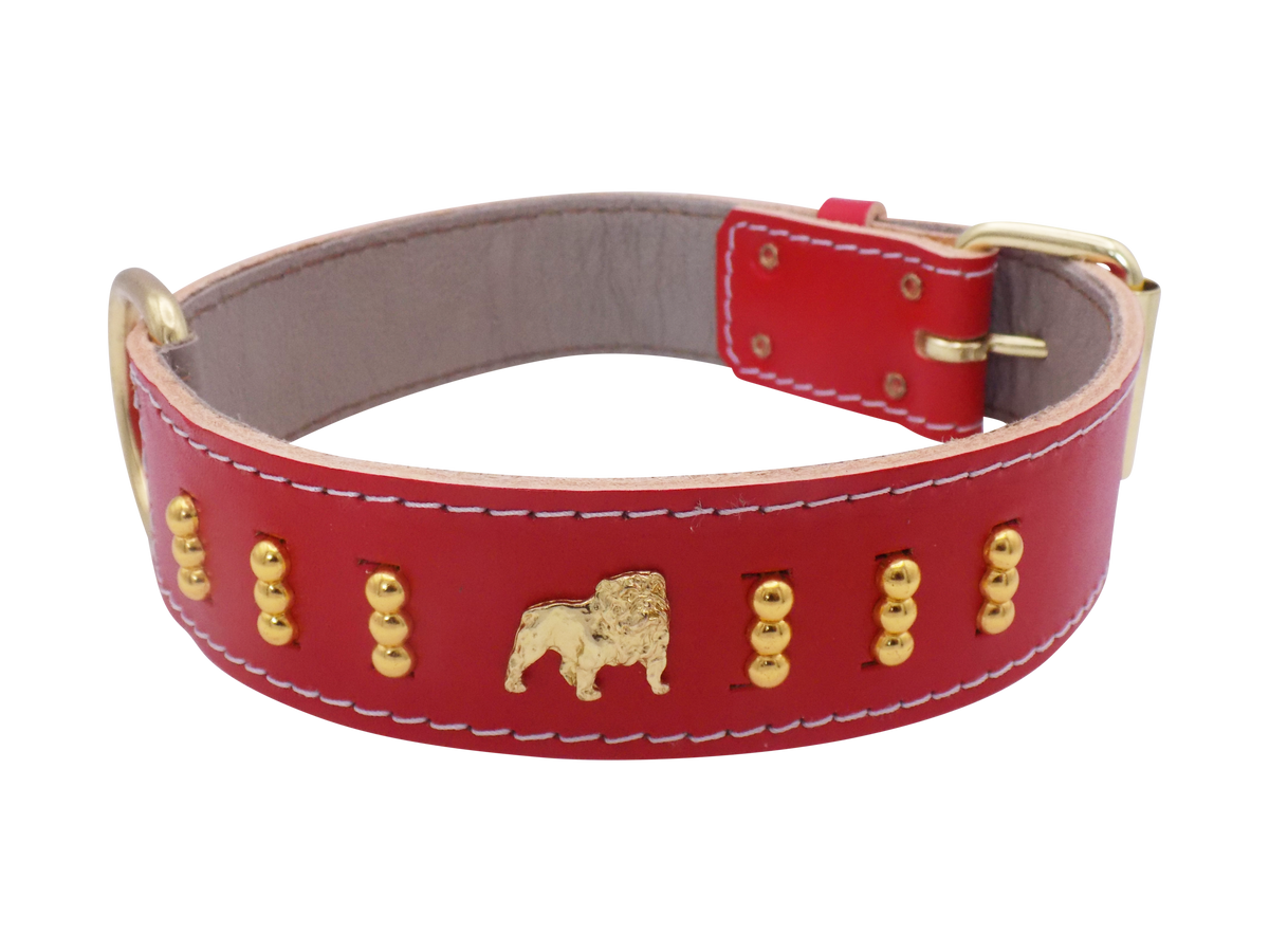 English Bulldog Badge Leather Dog Collar – Gold Design, Style 4
