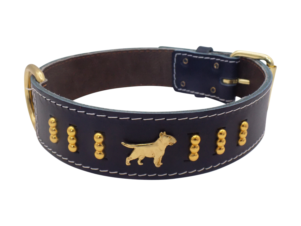 Leather Dog Collar with Gold-Coloured Design & Bull Terrier Badges