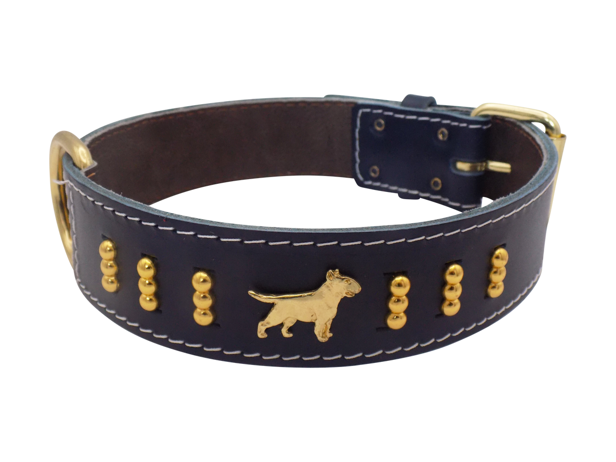 Leather Dog Collar with Gold-Coloured Design & Bull Terrier Badges