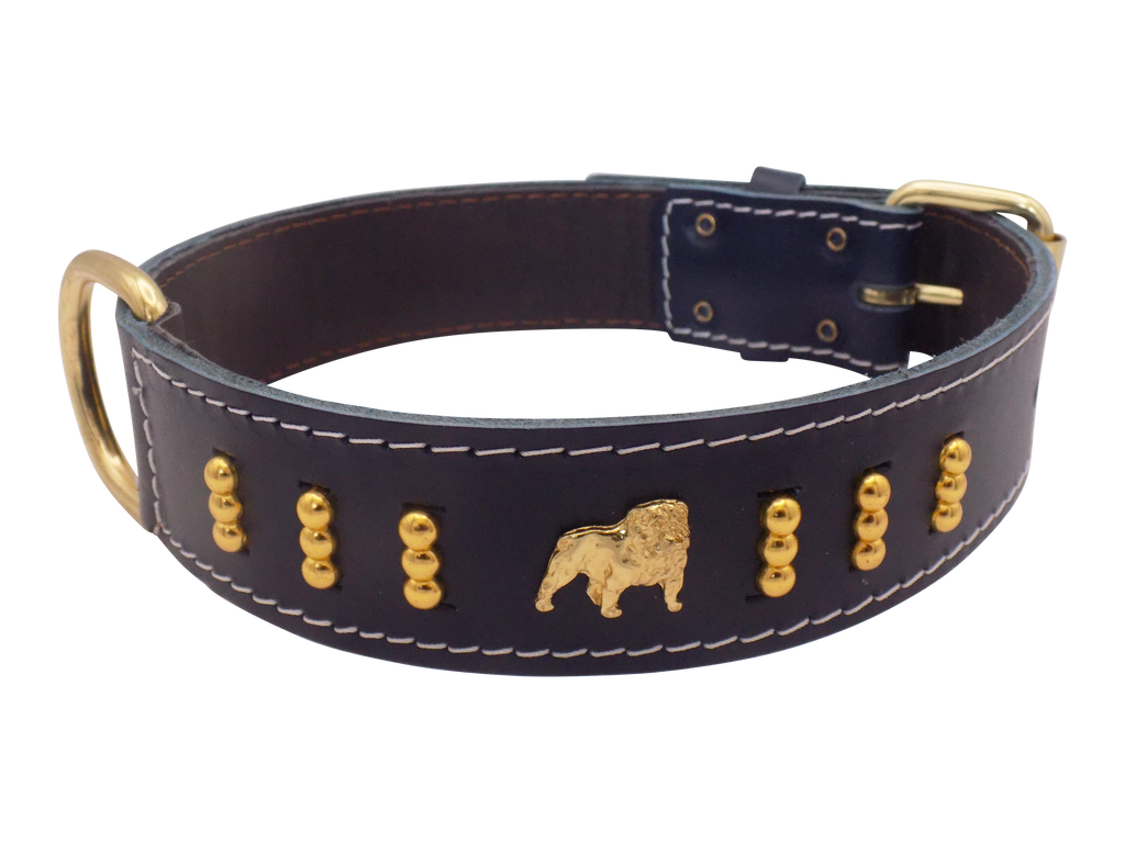 English Bulldog Badge Leather Dog Collar – Gold Design, Style 4