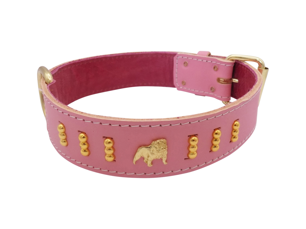 English Bulldog Badge Leather Dog Collar – Gold Design, Style 4