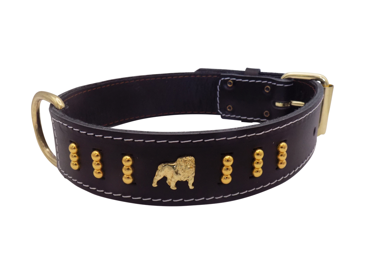 English Bulldog Badge Leather Dog Collar – Gold Design, Style 4