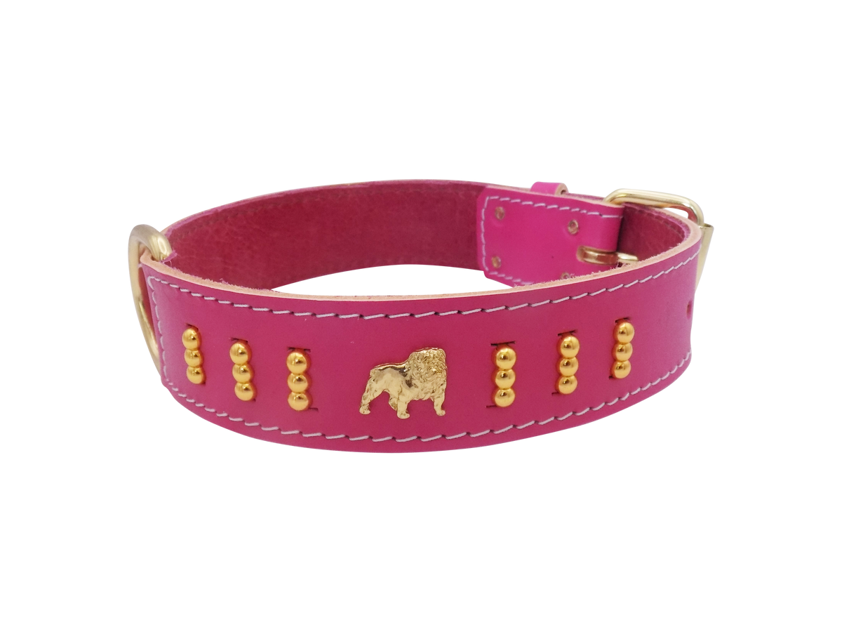 English Bulldog Badge Leather Dog Collar – Gold Design, Style 4