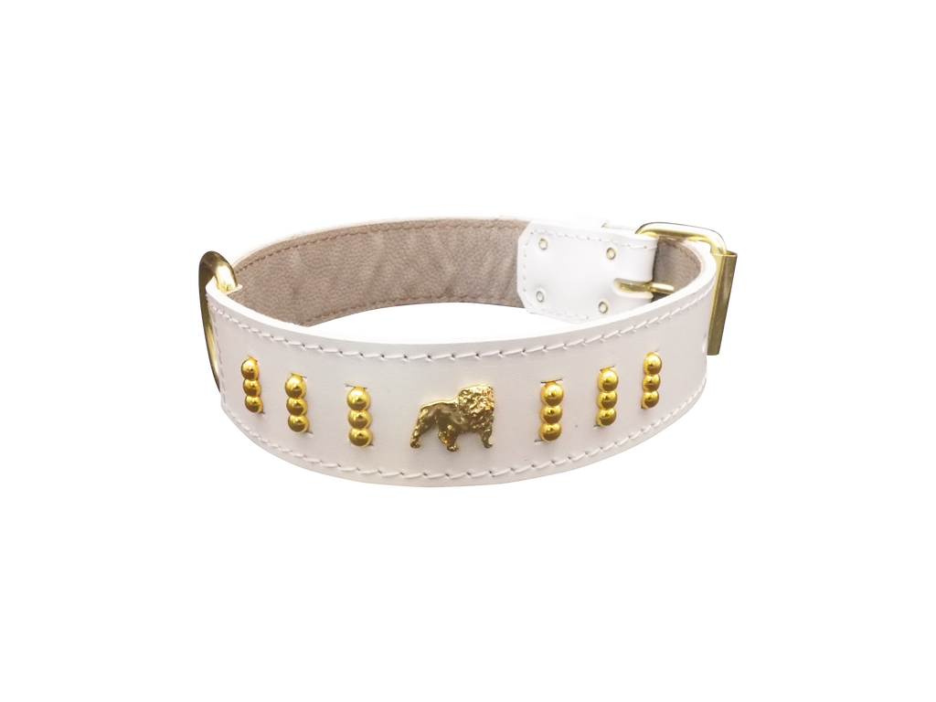 English Bulldog Badge Leather Dog Collar – Gold Design, Style 4