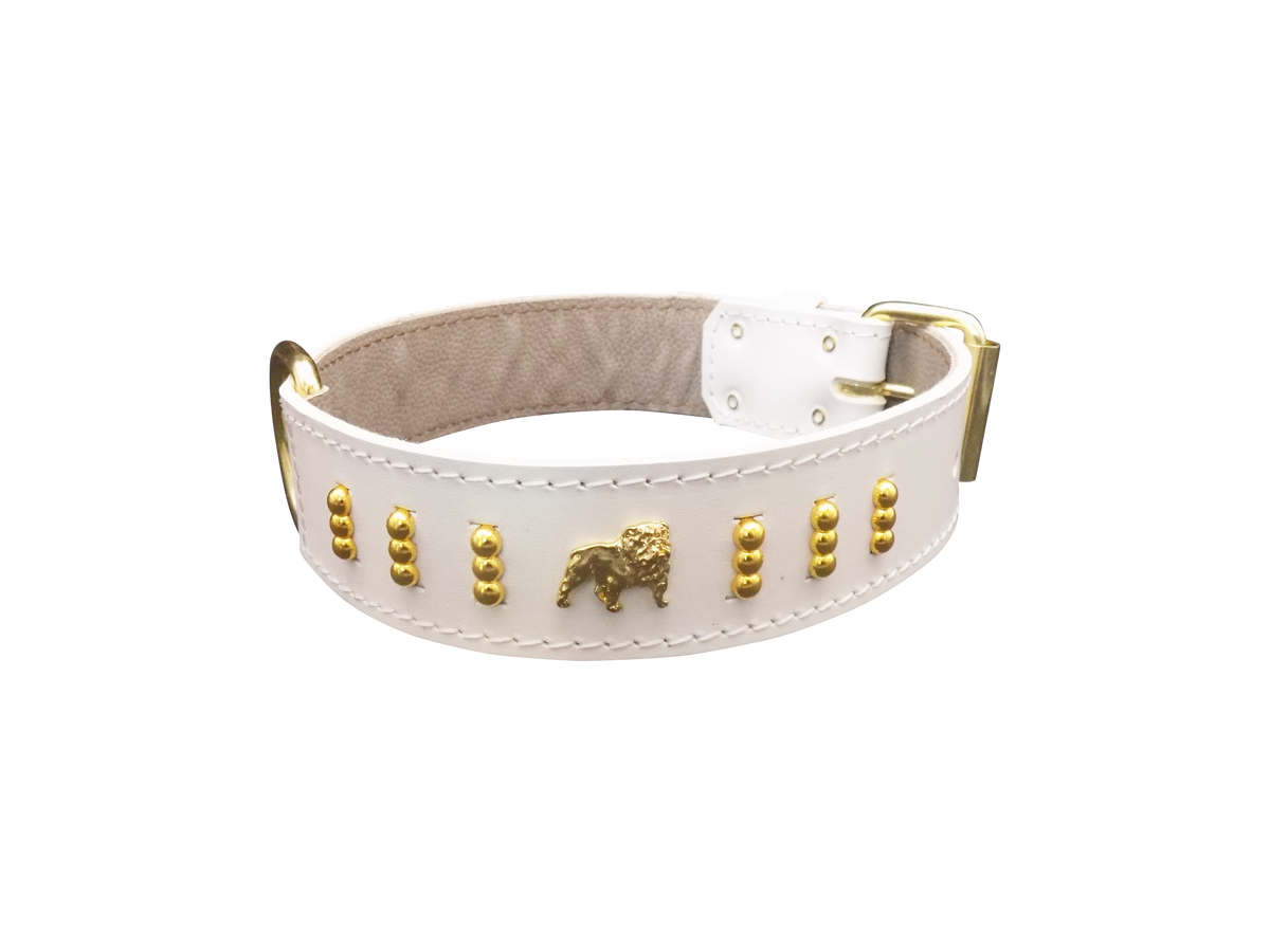 English Bulldog Badge Leather Dog Collar – Gold Design, Style 4