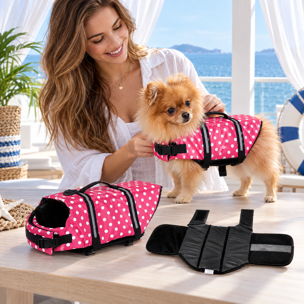 Reflective Dog Swimming Vest – Pink Dot, Size S