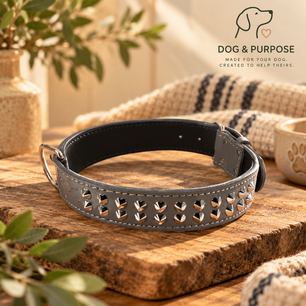 Grey Studded Genuine Leather Dog Collar – 1.5 in Wide