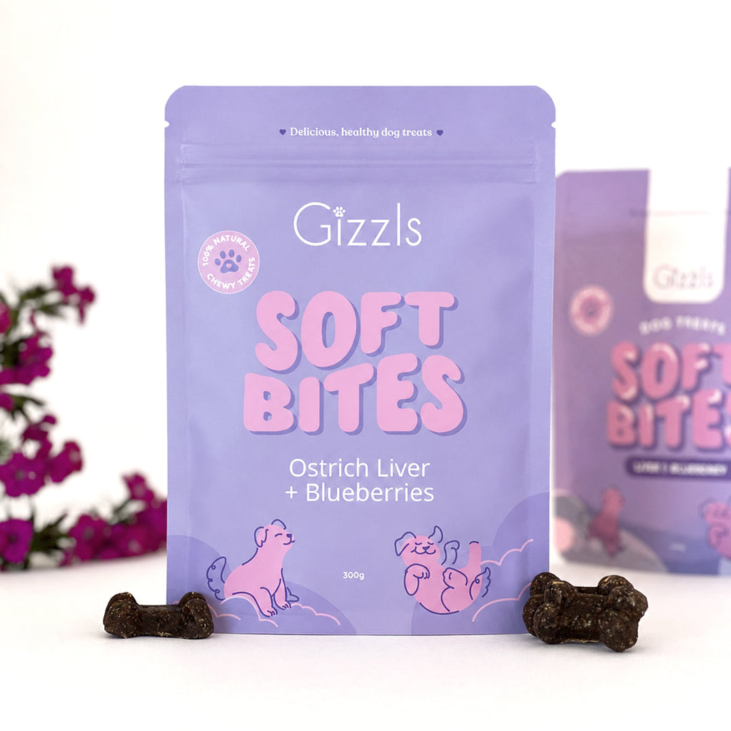 GIZZLS OSTRICH LIVER & BLUEBERRY SOFT DOG TREATS – 300G
