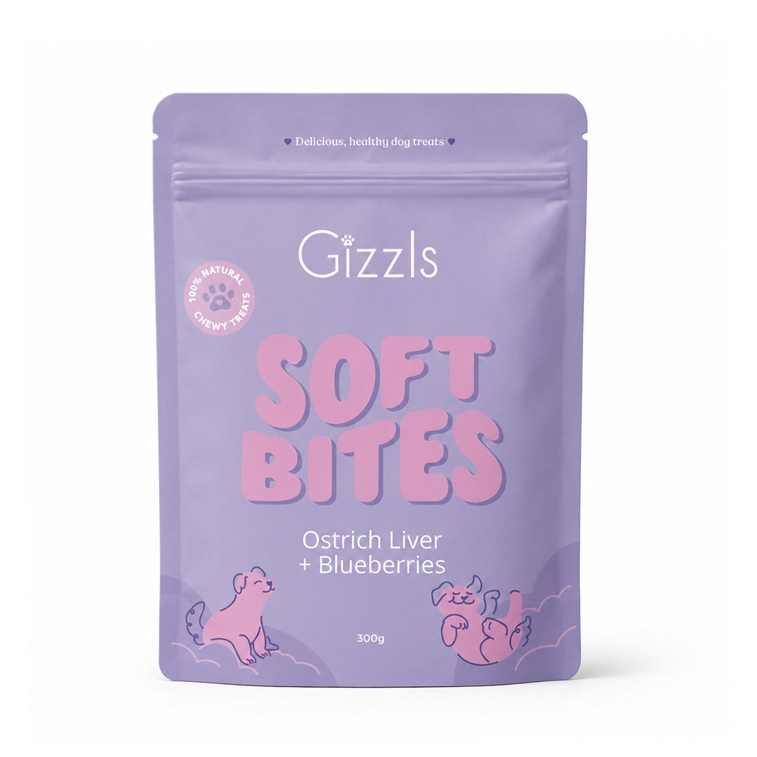 GIZZLS OSTRICH LIVER & BLUEBERRY SOFT DOG TREATS – 300G