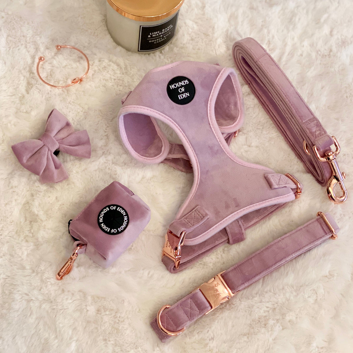 Lilac Dreams Velvet Dog Harness with Rose-Gold Hardware