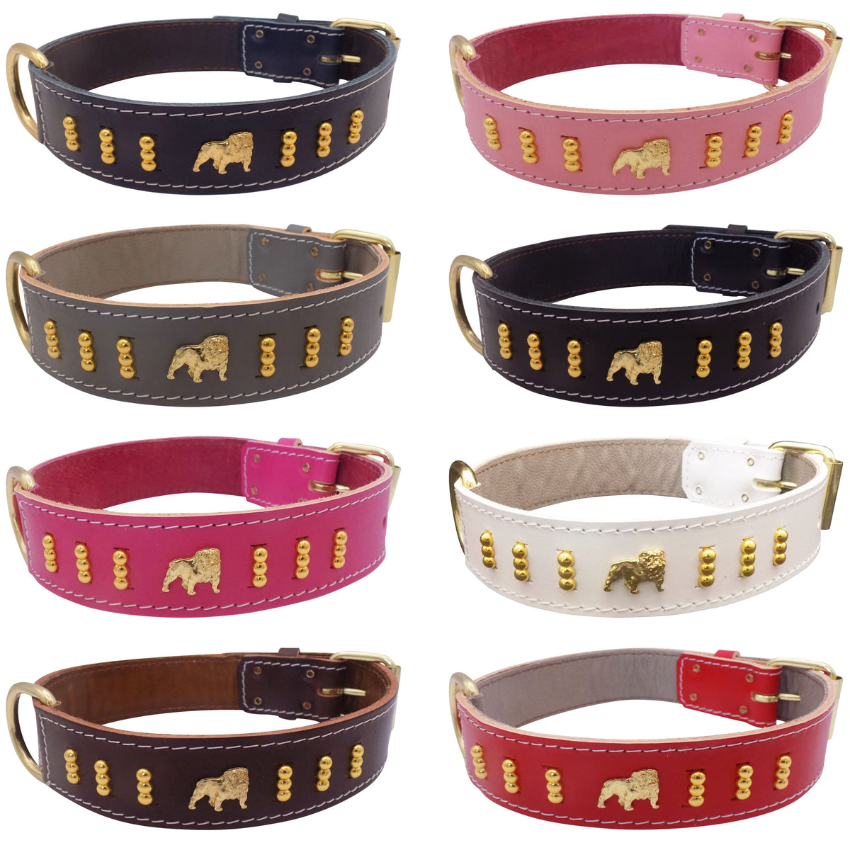 English Bulldog Badge Leather Dog Collar – Gold Design, Style 4